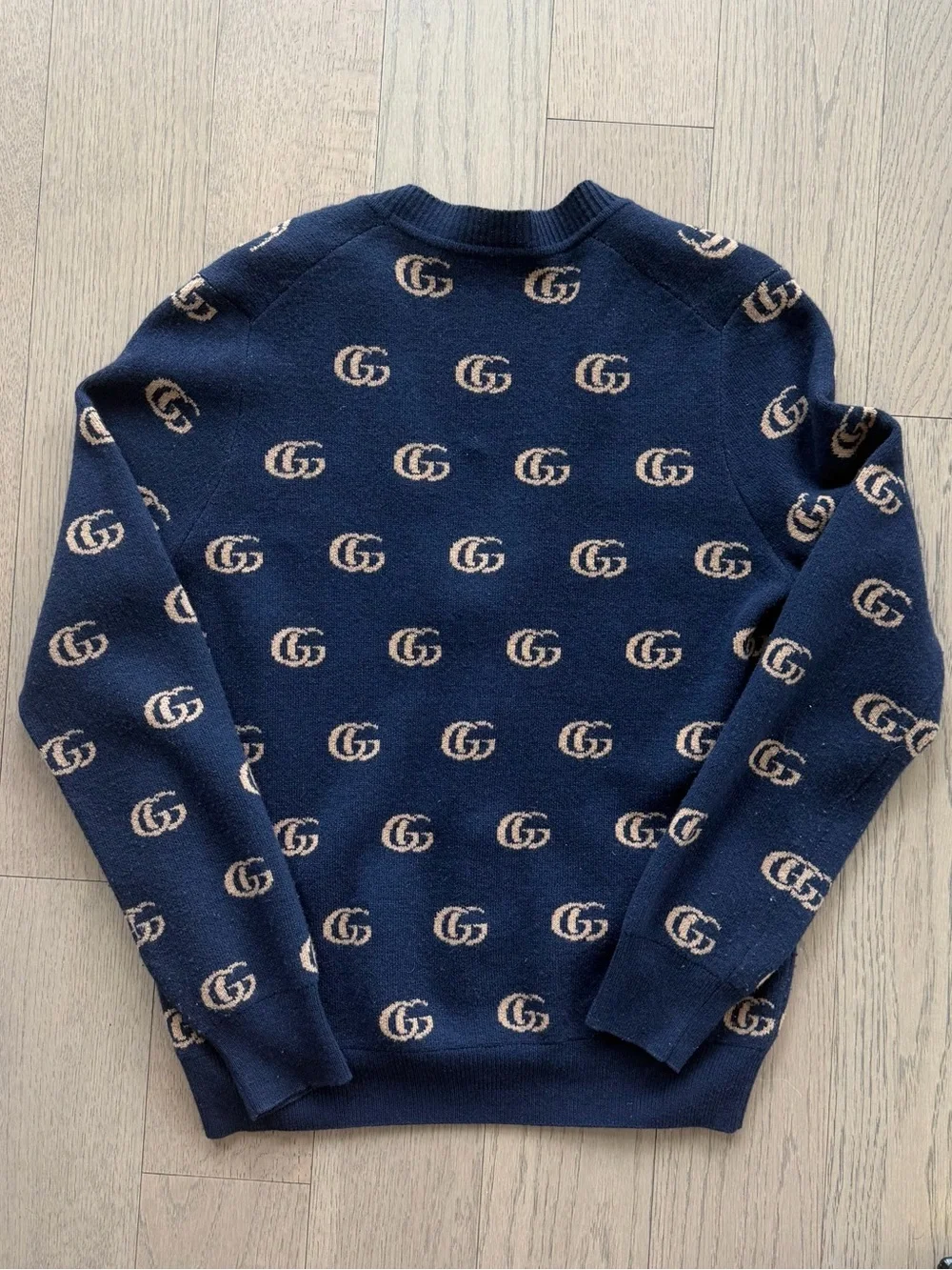 Gucci Navy and Beige 100% Wool GG Logo Cardigan